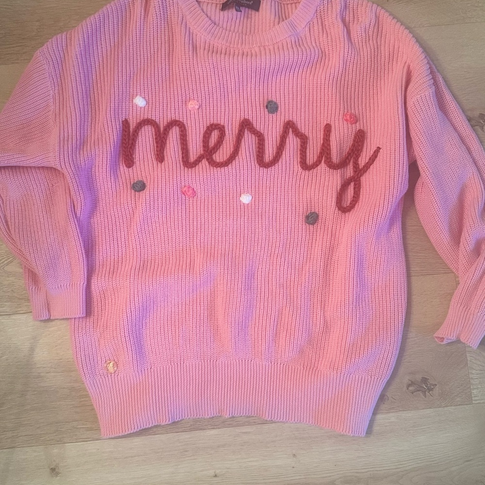 Simply Southern Pink Crew Neck Sweater with 'Merry' Embroidery